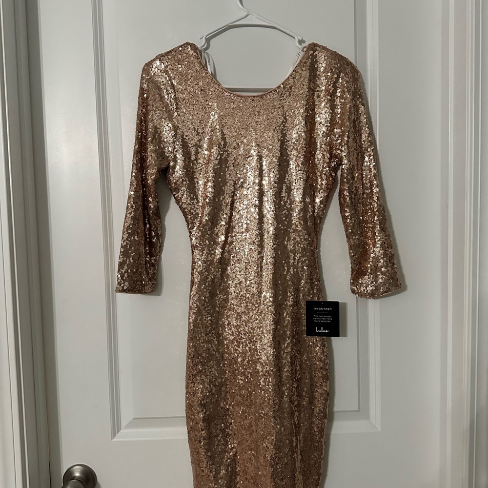 Lulu's Shimmering Sequin Long Sleeve Dress in Gold